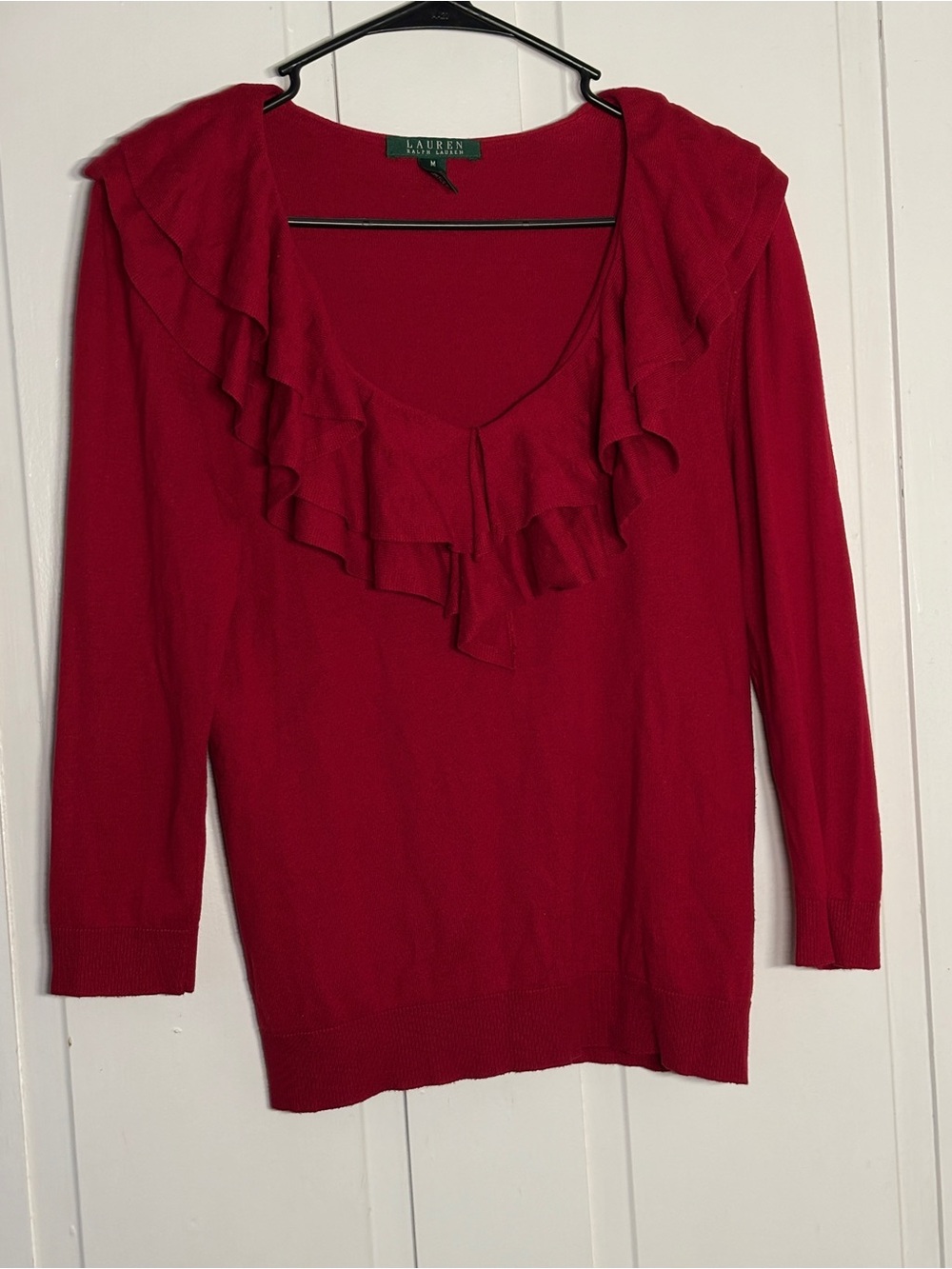 Lauren Ralph Lauren Ruby Red Ruffle V-Neck Silk Blend Sweater Blouse